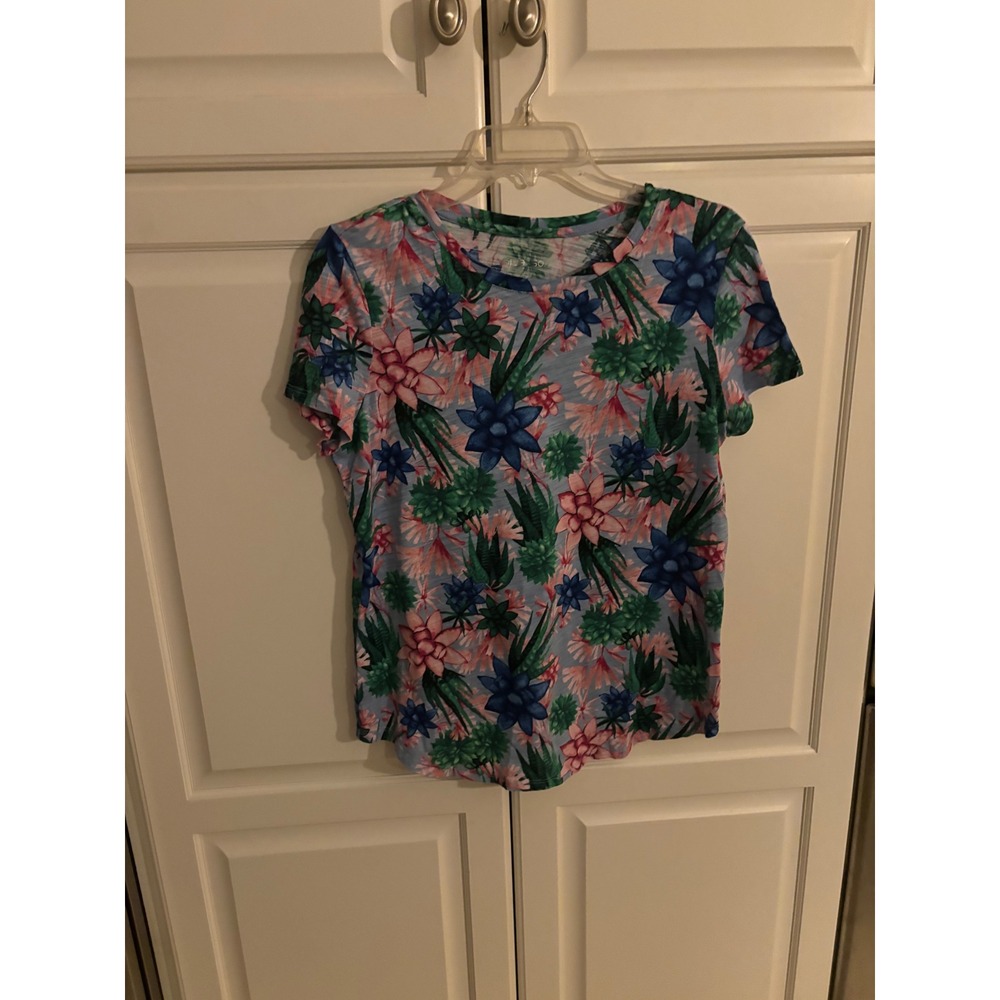 Blue Sol Womens Large Floral Succulent Print Slub Knit T-Shirt Cotton Modal Tee
